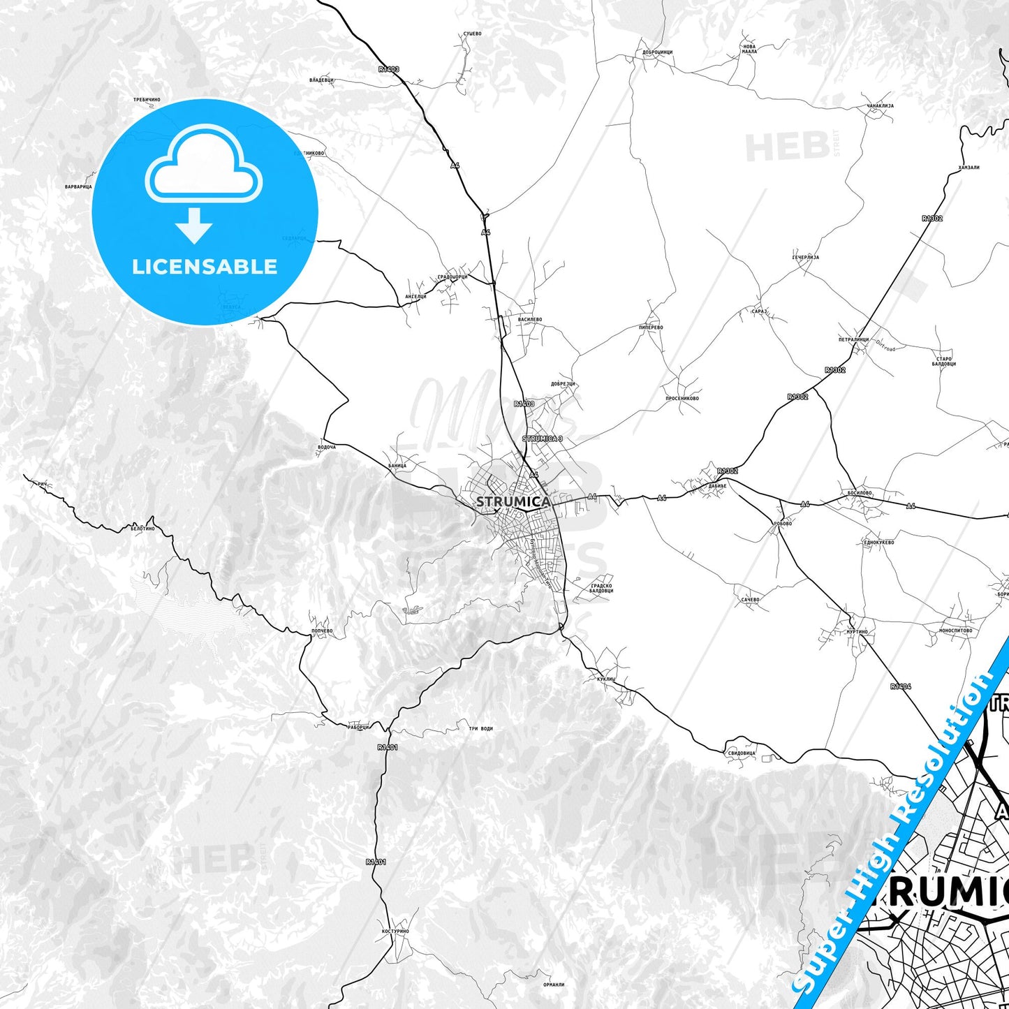 Strumica, North Macedonia light map with streetnames, citynames and districts