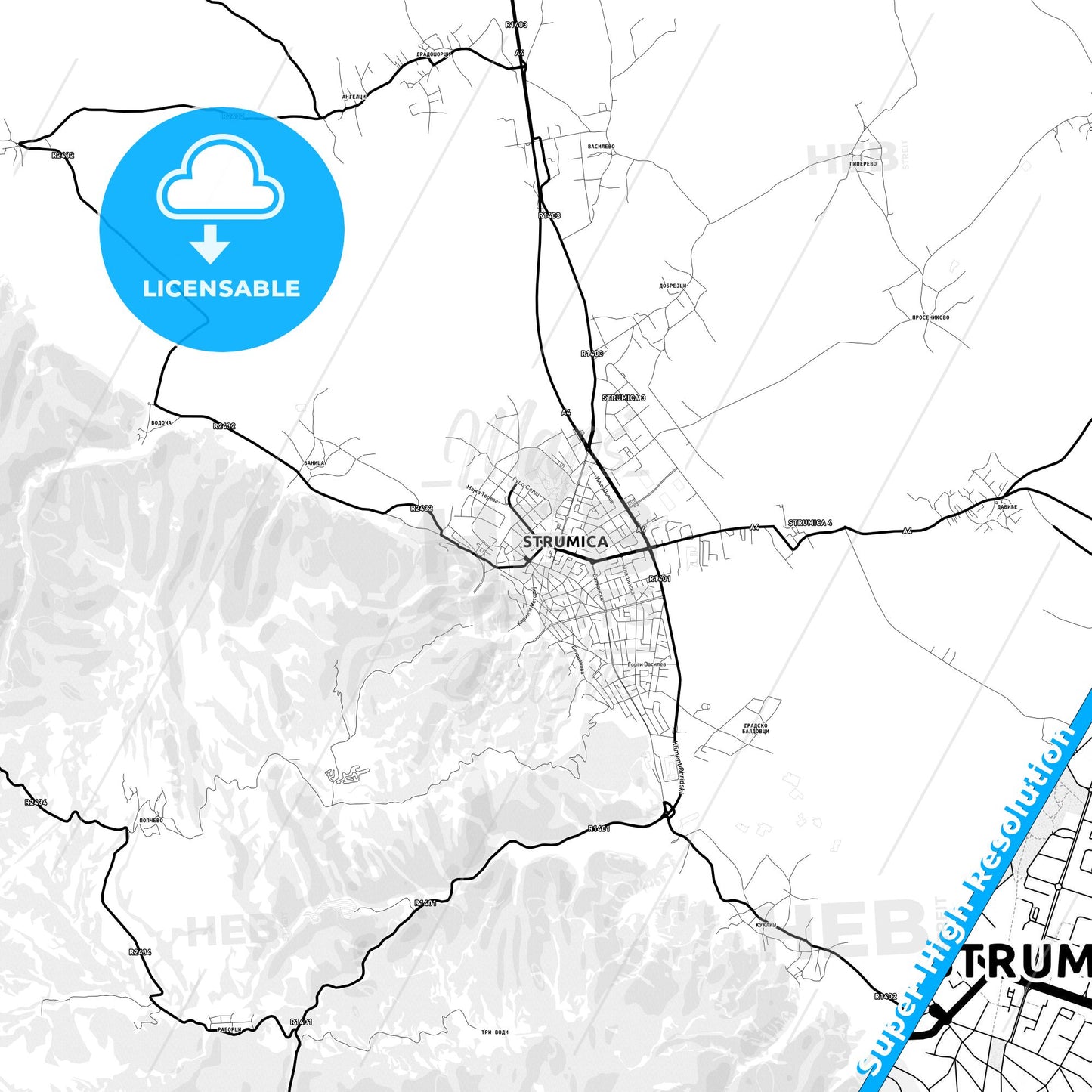 Strumica, North Macedonia Light Map with Street Names, City Names, and Districts