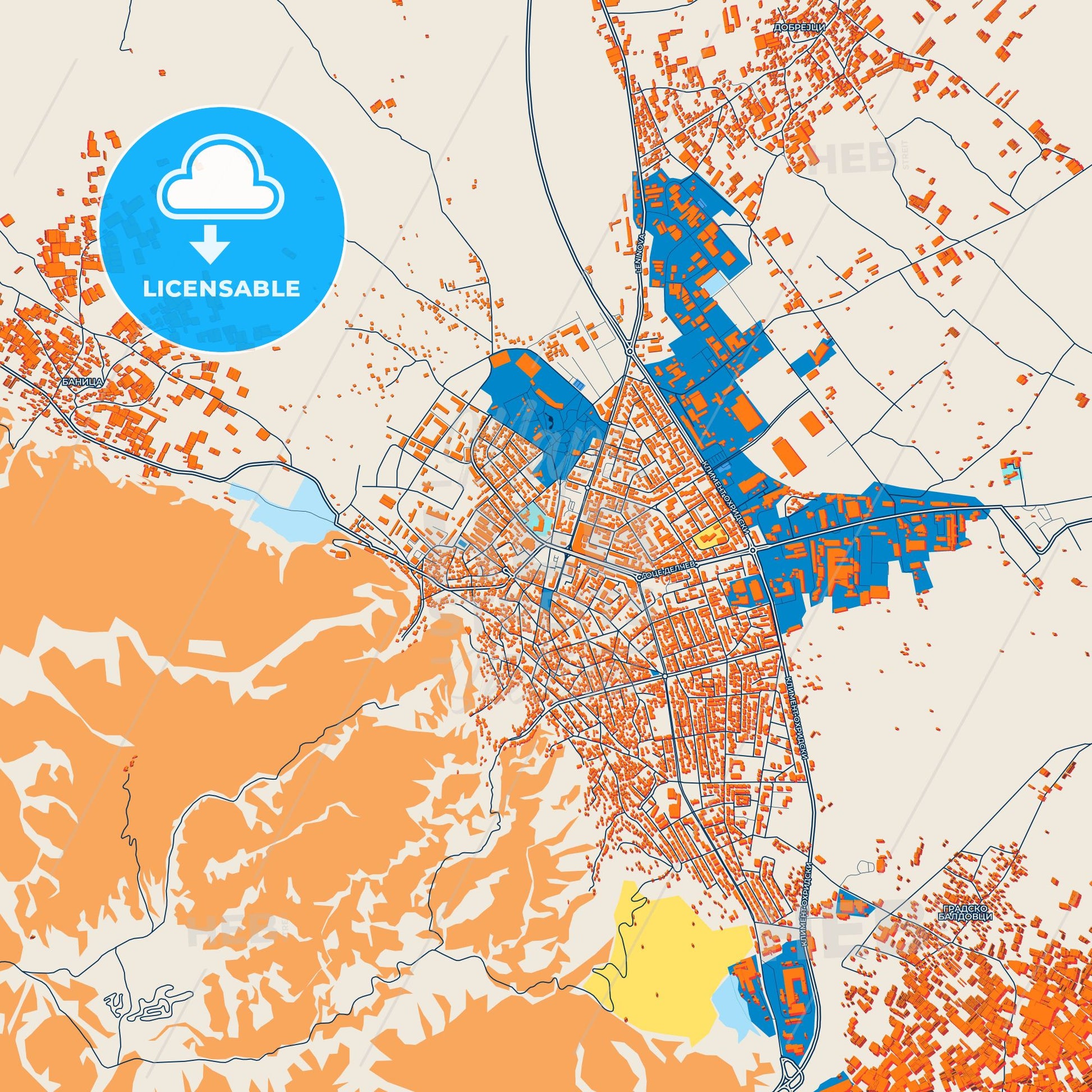 Colorful Strumica Street Map with Labels and Buildings