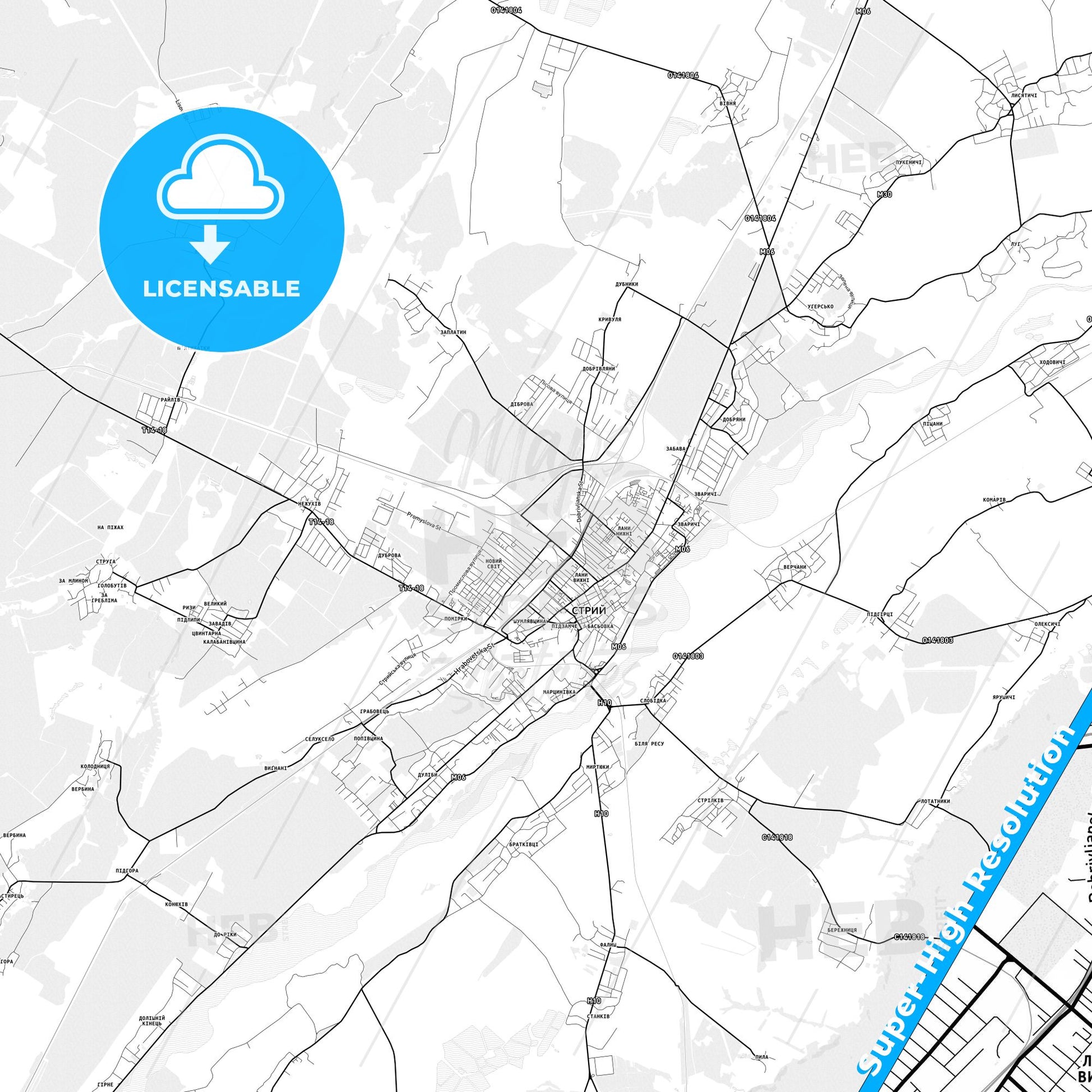Stryi, Ukraine light map with streetnames, citynames and districts