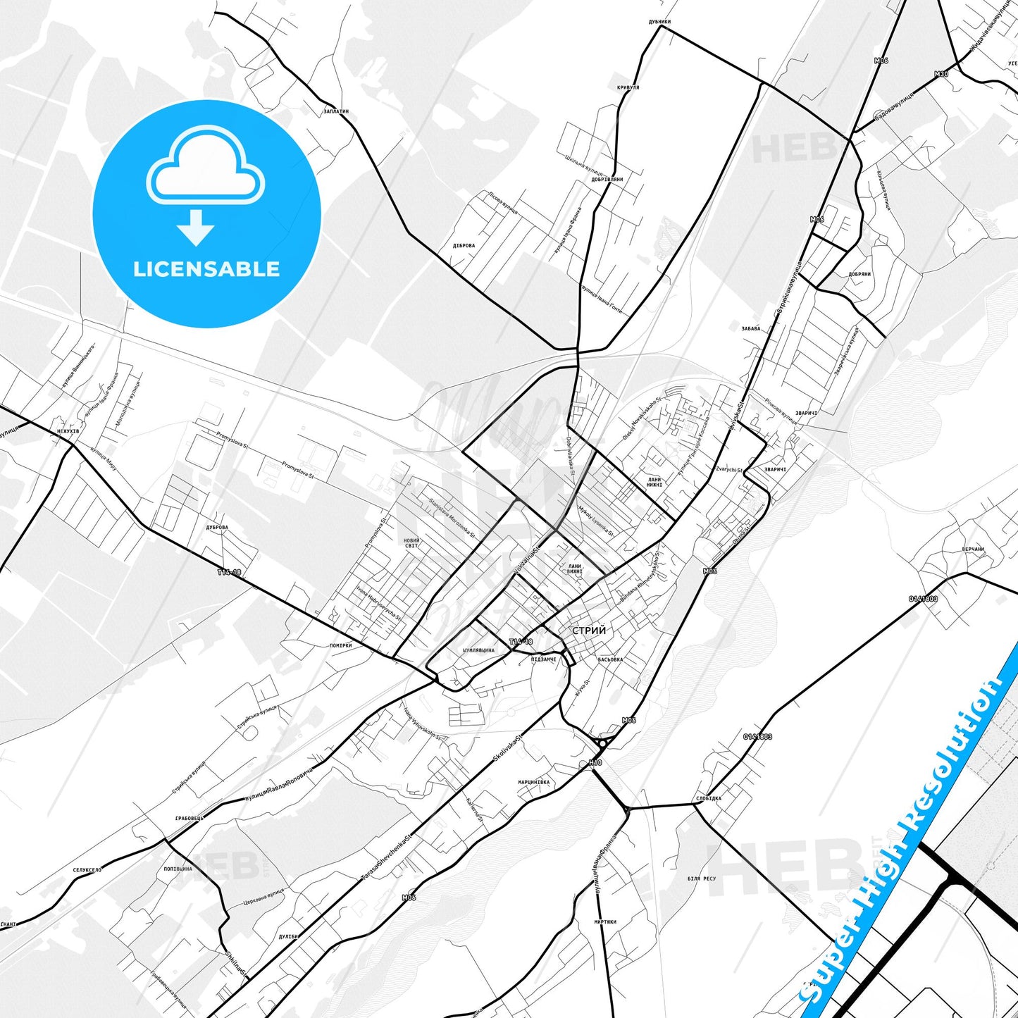 Stryi, Ukraine Light Map with Street Names, City Names, and Districts