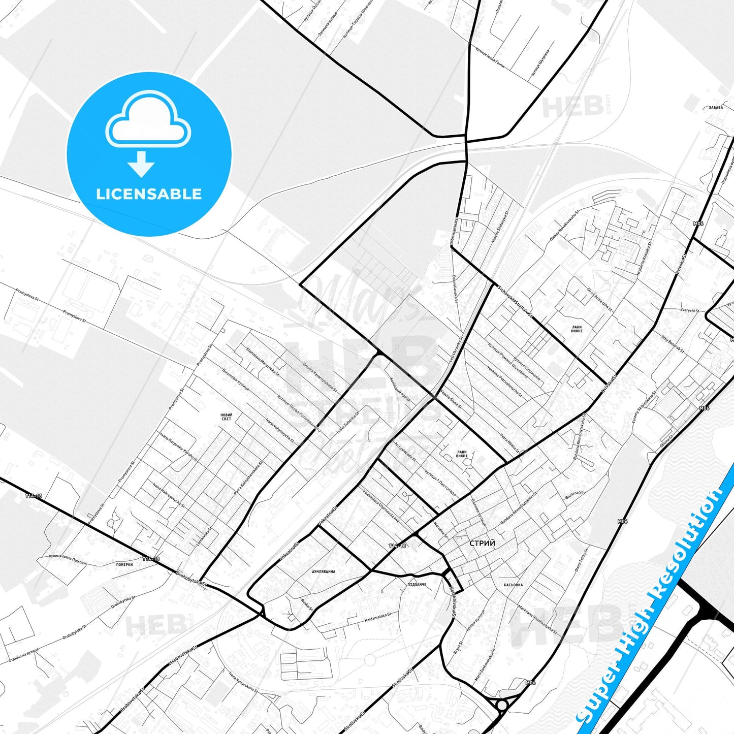 Stryi, Ukraine Light Map with Street Names, City Names, and Districts