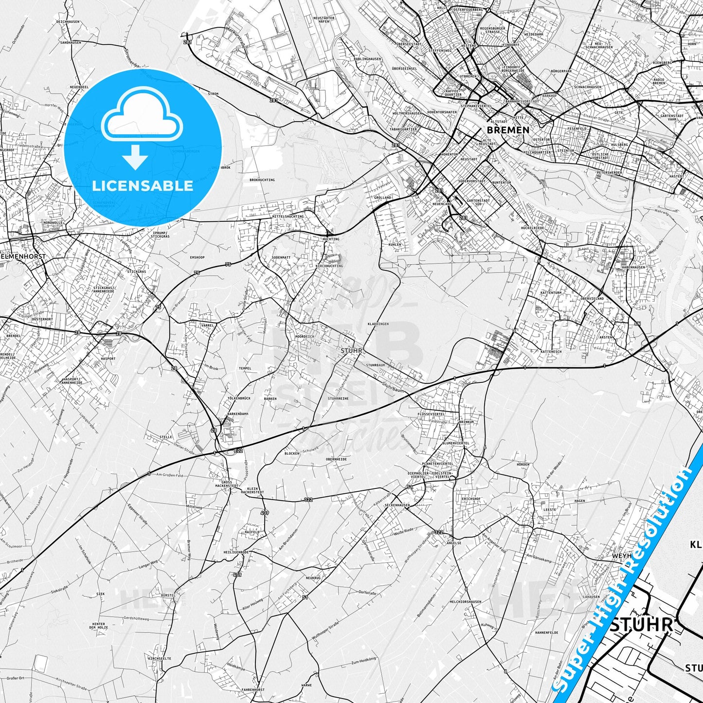Stuhr, Germany light map with streetnames, citynames and districts