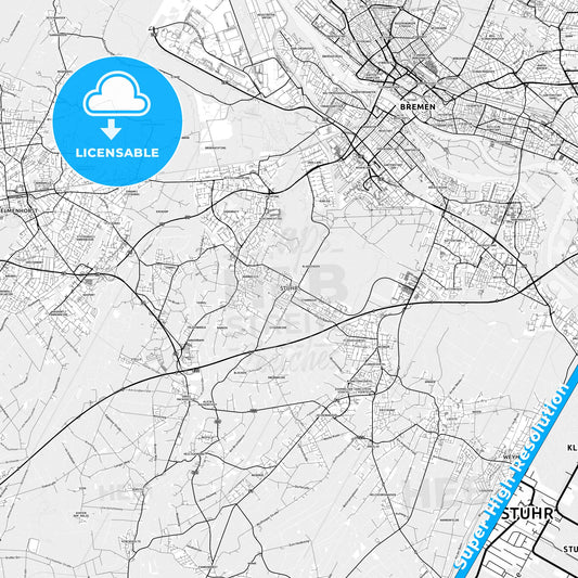 Stuhr, Germany light map with streetnames, citynames and districts