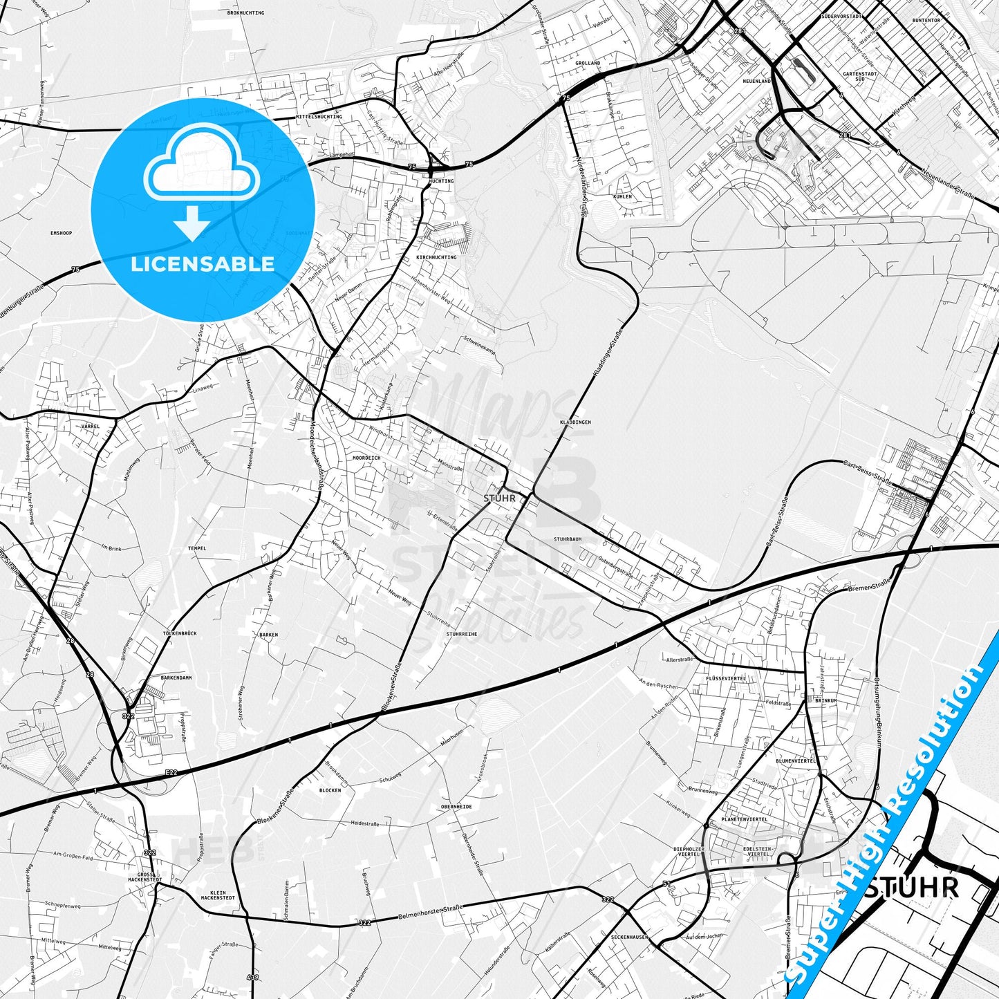 Stuhr, Germany Light Map with Street Names, City Names, and Districts