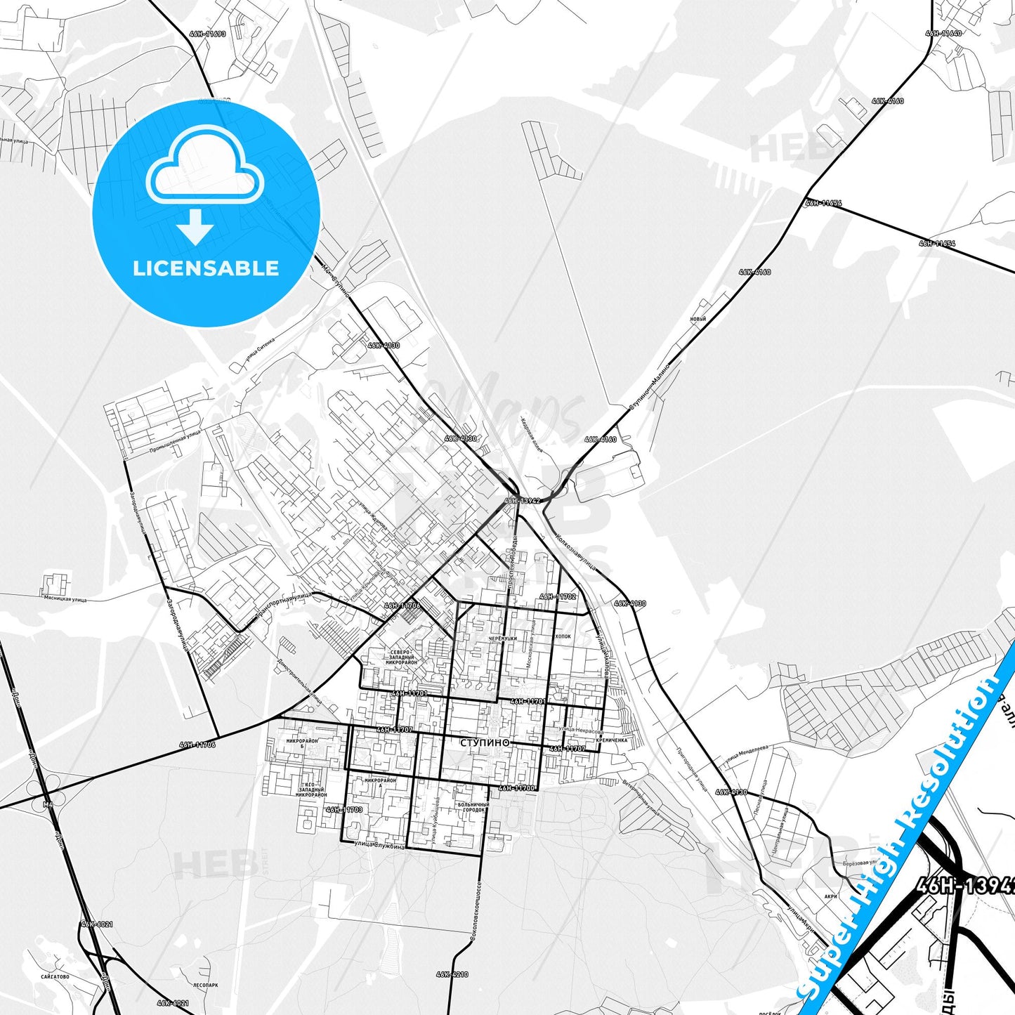 Stupino, Russia Light Map with Street Names, City Names, and Districts