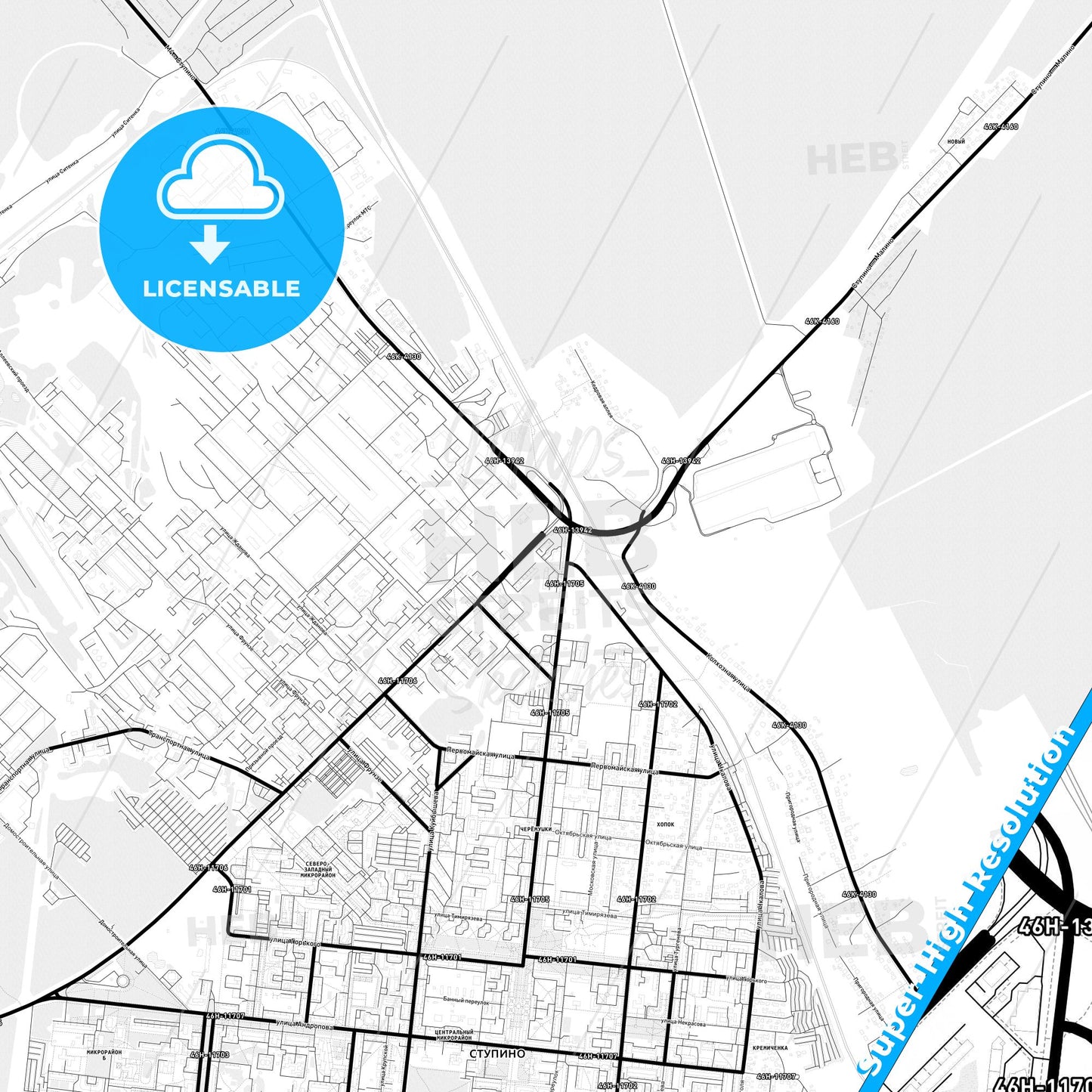 Stupino, Russia Light Map with Street Names, City Names, and Districts