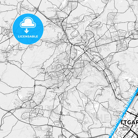 Stuttgart, Germany light map with streetnames, citynames and districts