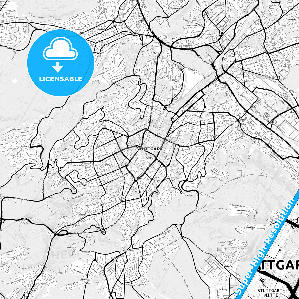Stuttgart, Germany Light Map with Street Names, City Names, and Districts