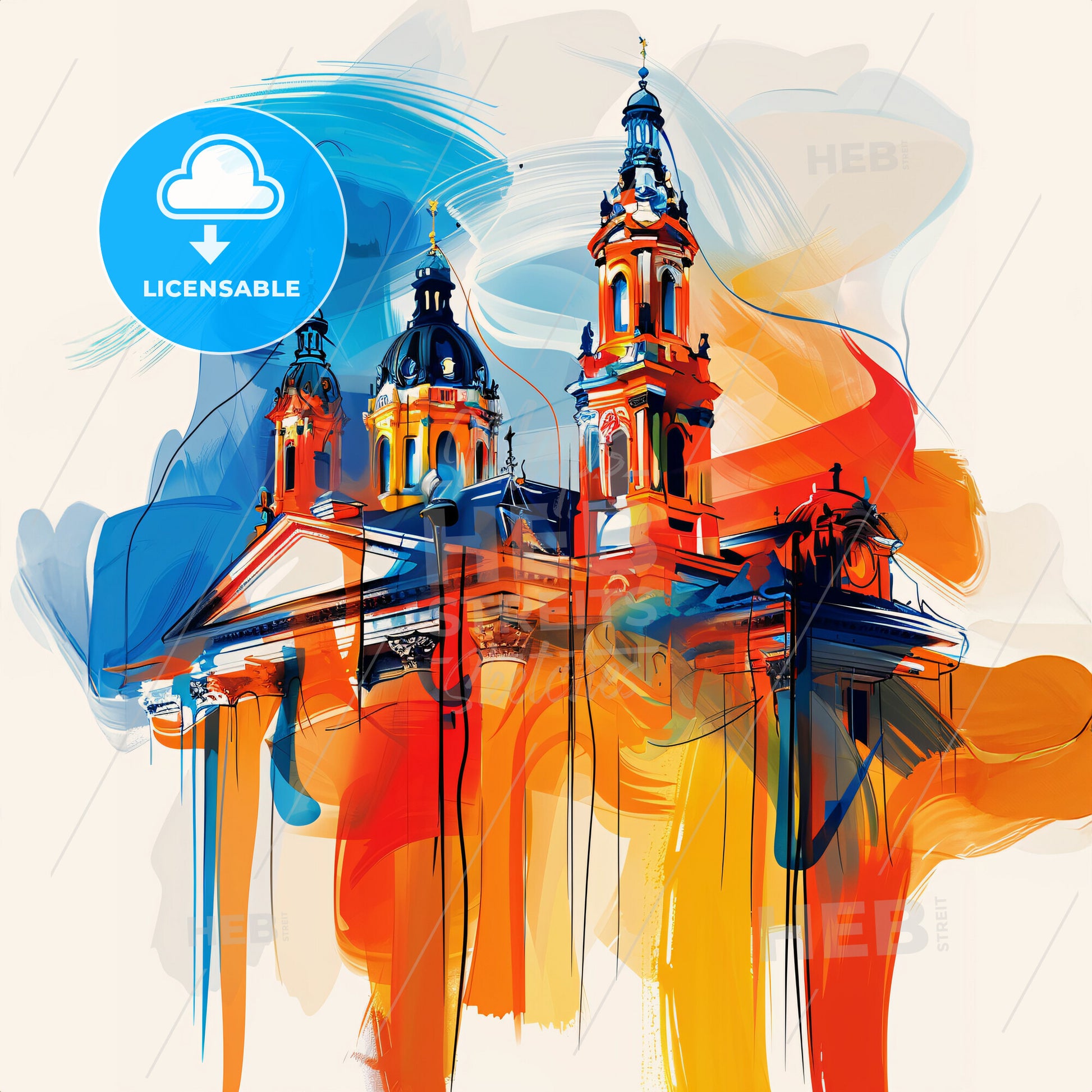 Vibrant Stuttgart, Germany - A Painting Of A Building With Towers And A Blue And Orange Background