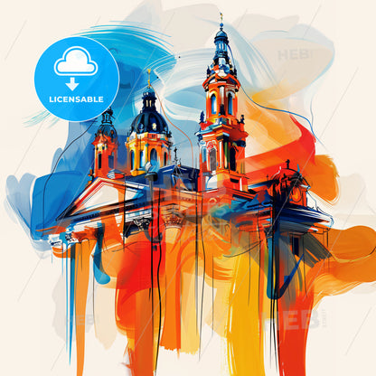Vibrant Stuttgart, Germany - A Painting Of A Building With Towers And A Blue And Orange Background