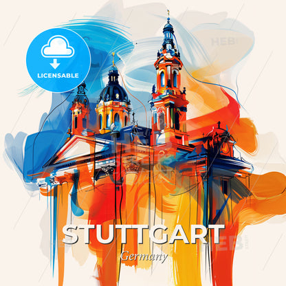 Vibrant Stuttgart, Germany - A Painting Of A Building With Towers And A Blue And Orange Background - Square format print template