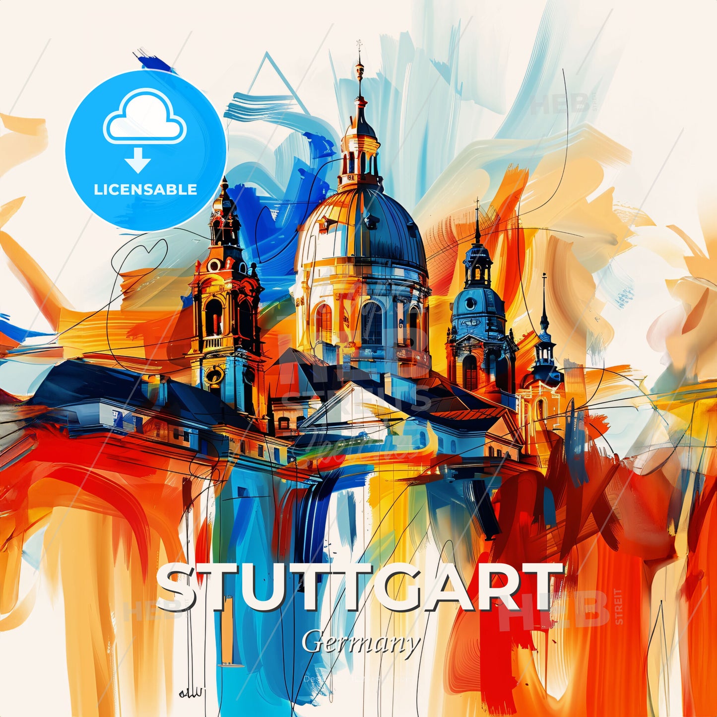 Vibrant Stuttgart, Germany - A Painting Of A Building With A Dome And Towers - Square format print template