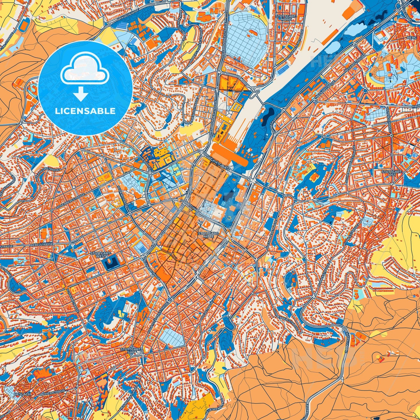 Colorful Stuttgart Street Map with Labels and Buildings