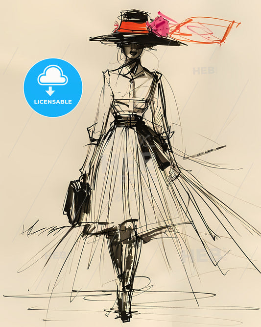 Artistic Fashion Sketch: Hand-Painted Woman's Portrait with Vibrant Dress and Hat