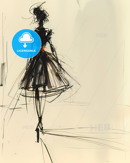 Eye-Catching Fashion Design Sketch of a Woman in Flowing Dress, Showcasing Artistic Vibrancy and Female Elegance