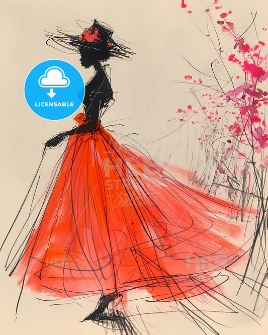 Vibrant Fashion Art: Artistic Woman Sketch in Flowing Red Dress