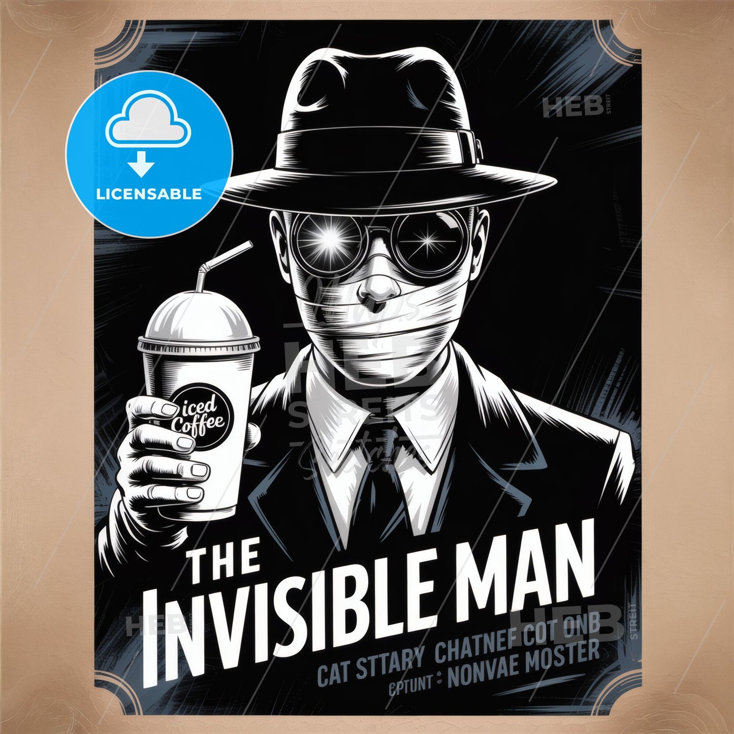 Stylish Artwork Featuring a Mysterious Figure with Iced Coffee, Evoking Intrigue and a Modern Twist on Classic Themes.