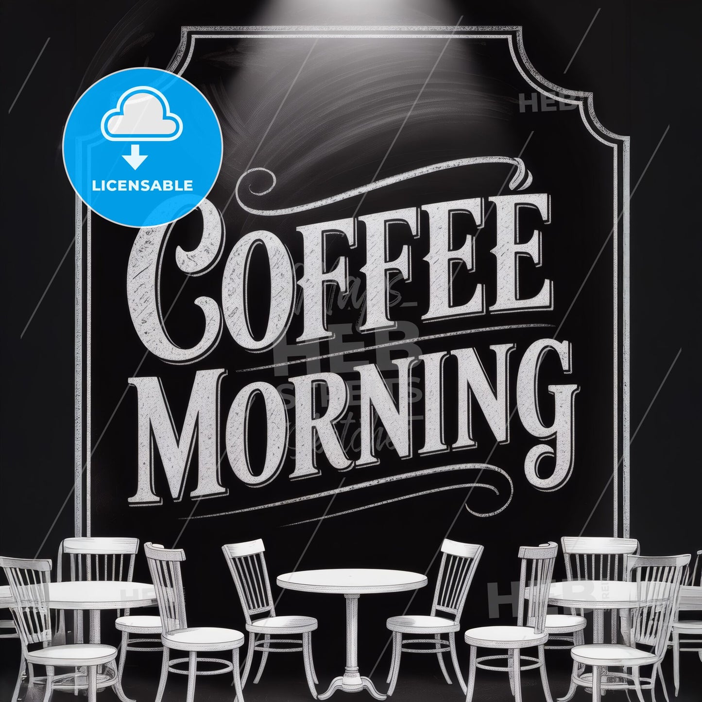 Stylish Coffee Morning Atmosphere with Elegant Seating and Inviting Chalkboard Sign.