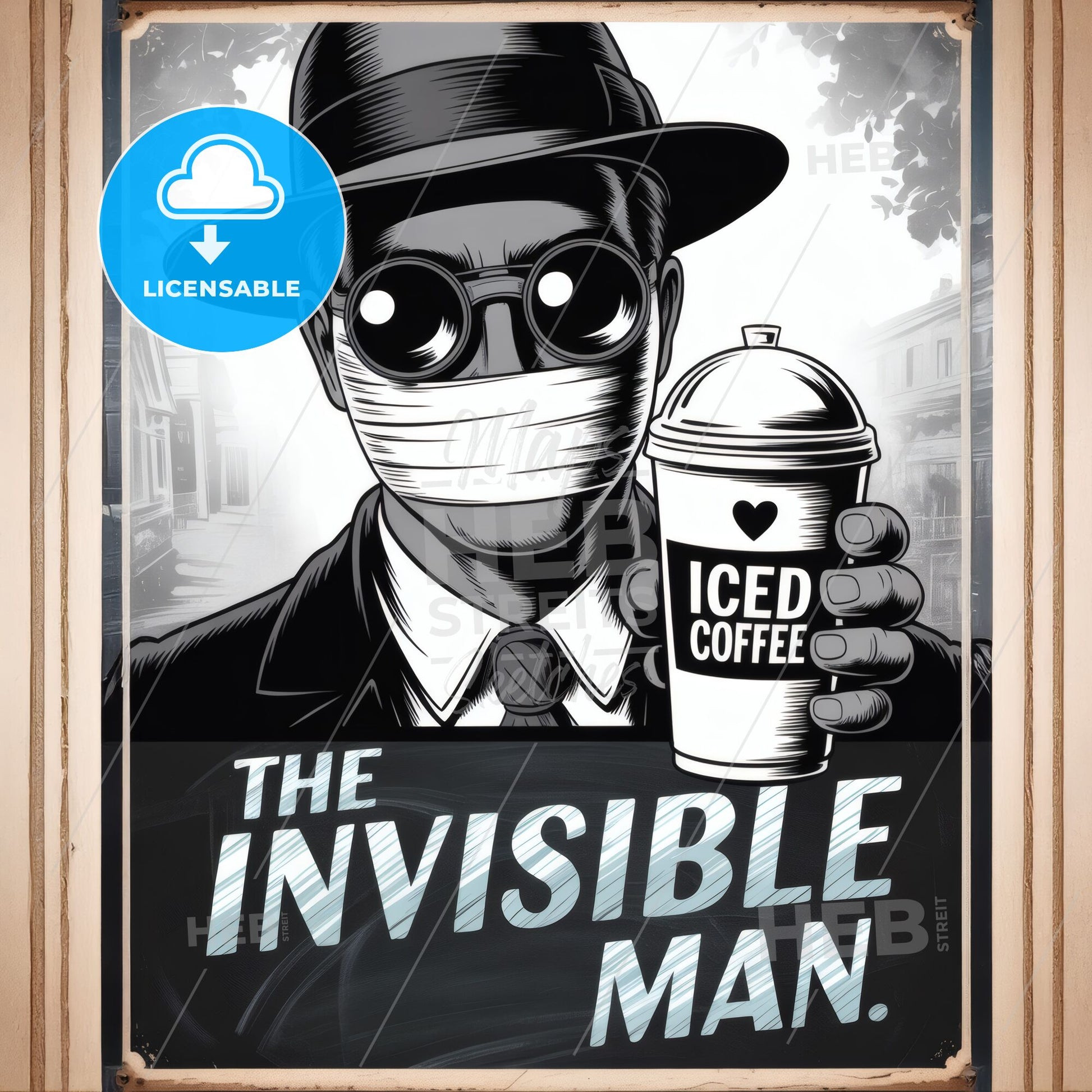 Stylish Illustration of a Mysterious Figure Holding Iced Coffee in Urban Setting, Embracing Modern Aesthetic.