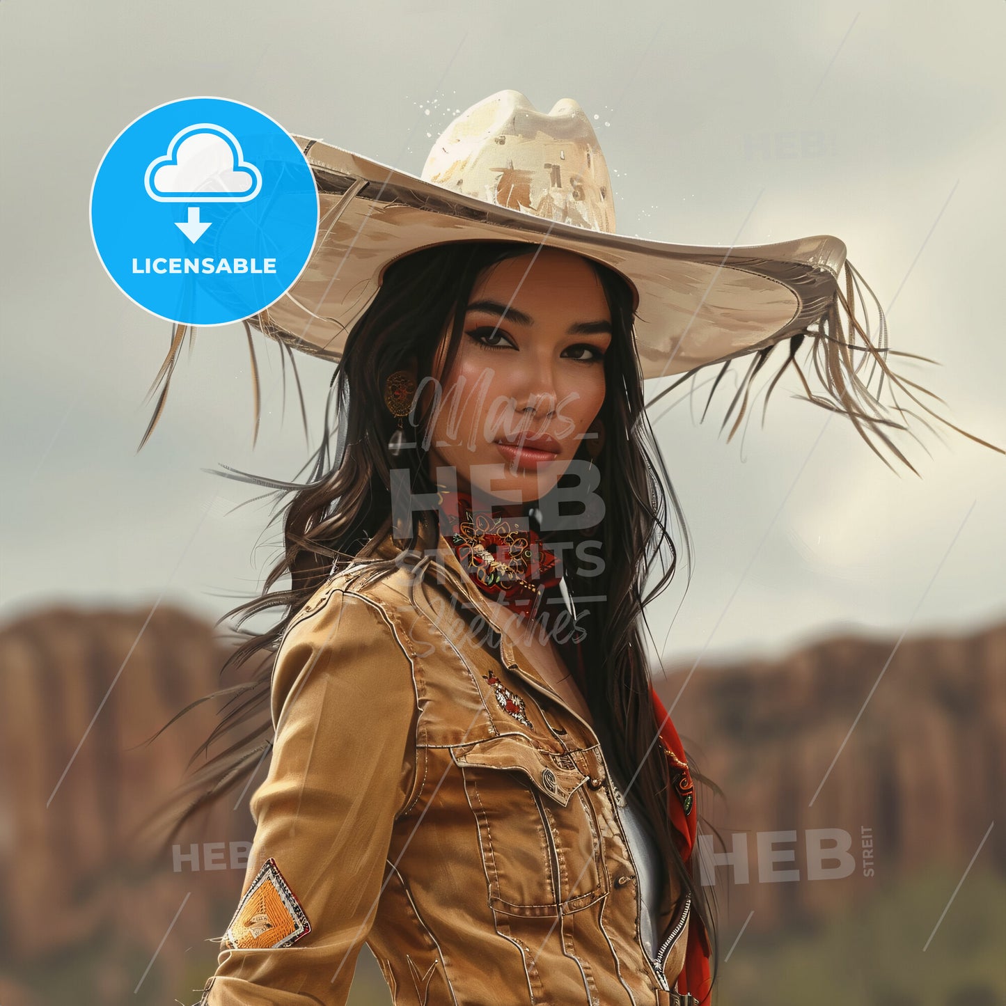 stylish portrait showcasing a modern and beautiful Mexican cowgirl - A woman wearing a hat and a jacket