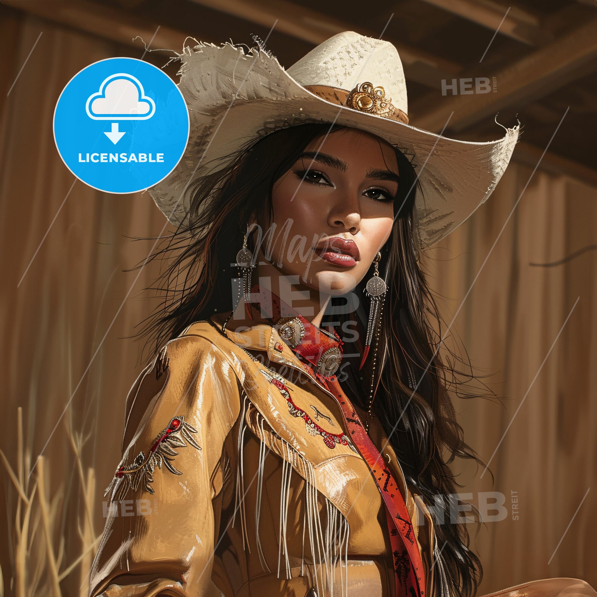 stylish portrait showcasing a modern and beautiful Mexican cowgirl - A woman in a cowboy hat