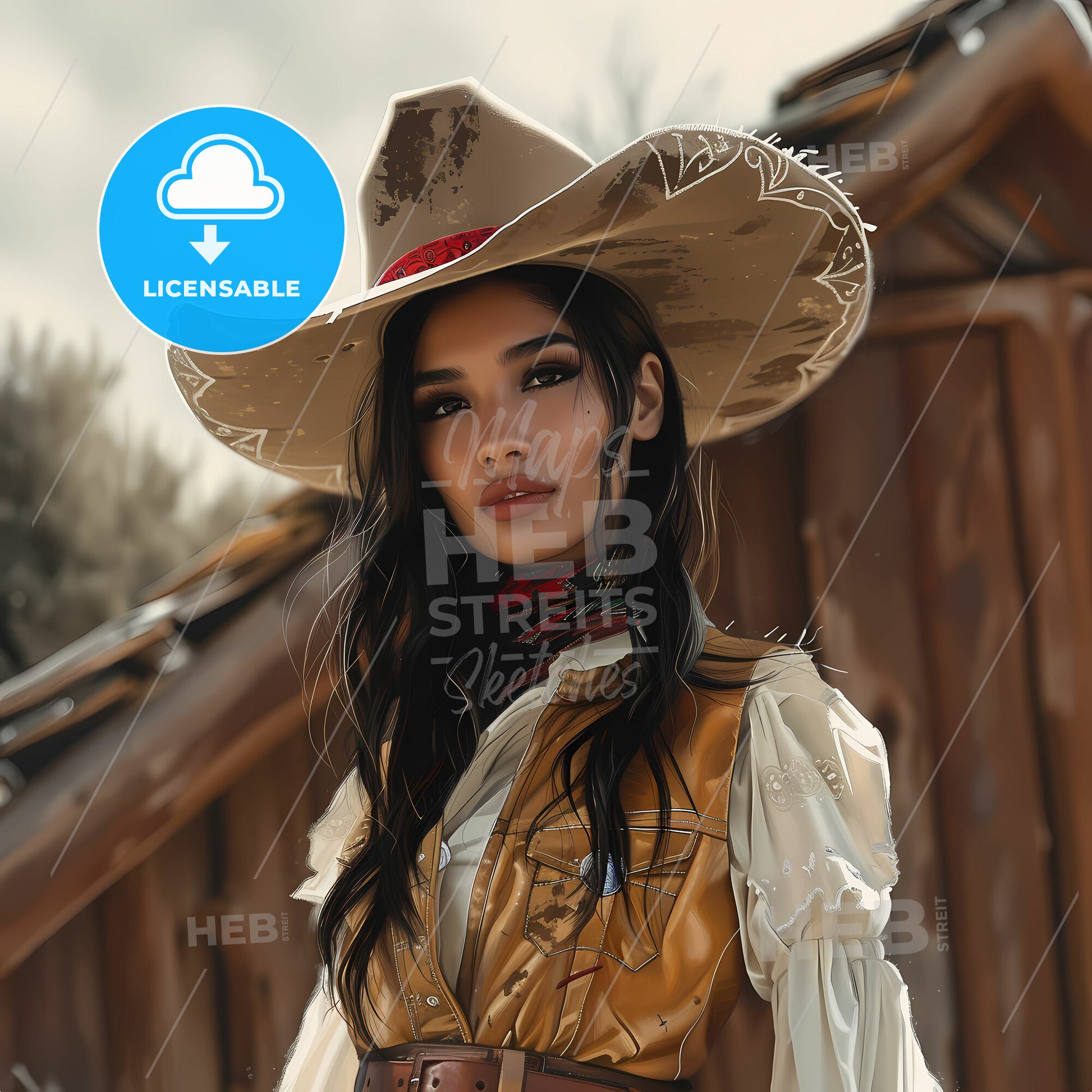 stylish portrait showcasing a modern and beautiful Mexican cowgirl - A woman in a cowboy hat