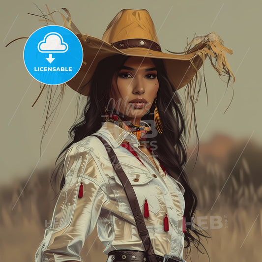 stylish portrait showcasing a modern and beautiful Mexican cowgirl - A woman in a cowboy hat