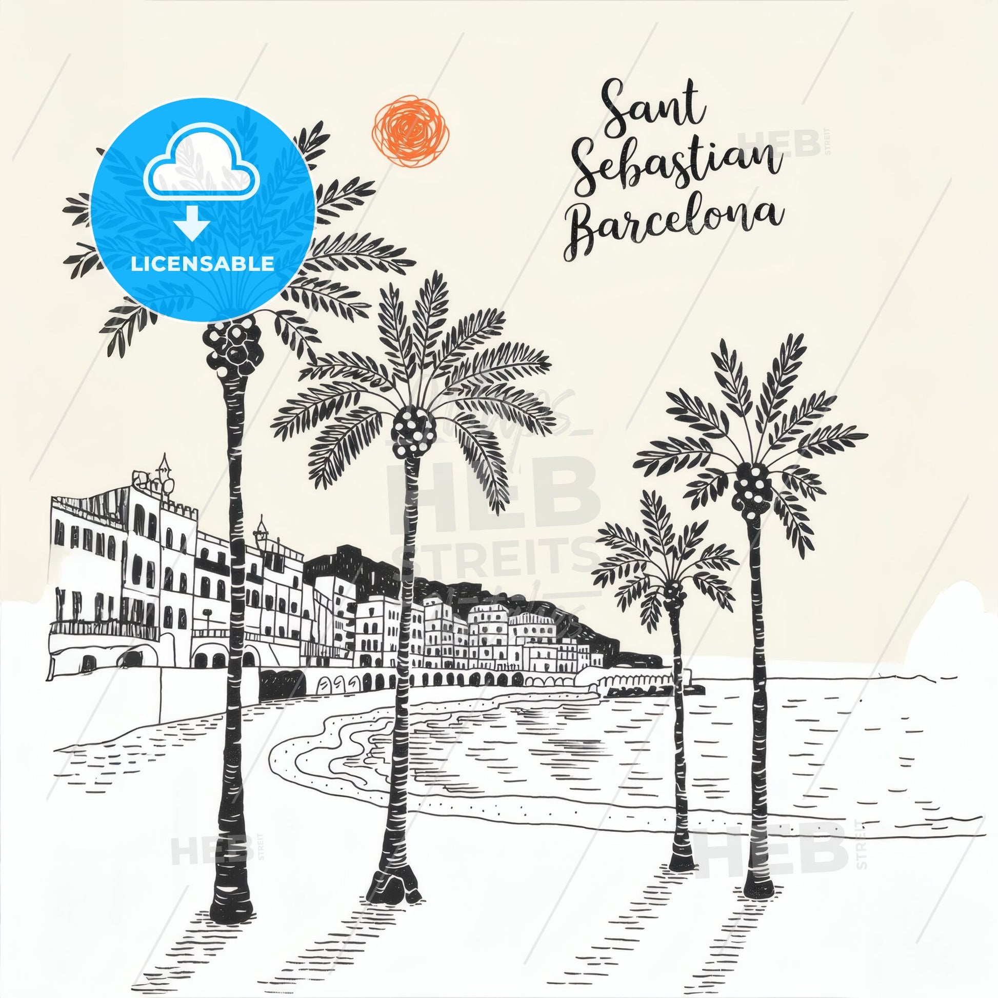 Stylized Black & White Mediterranean Serenity: Saint Sebastian, Barcelona Art Print