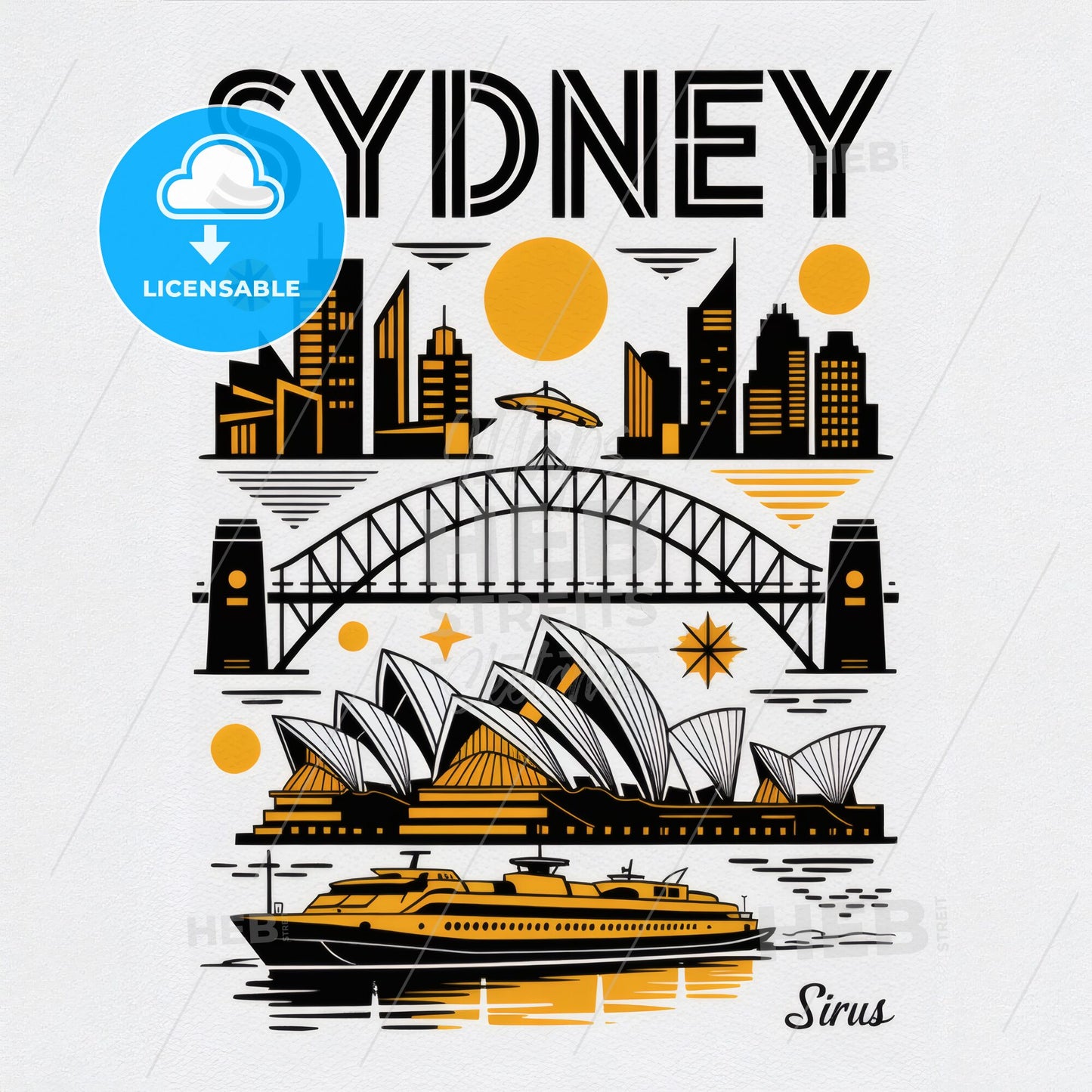 Stylized Black & Yellow Sydney Landmarks Print: Modern Linocut Art by SIRUS
