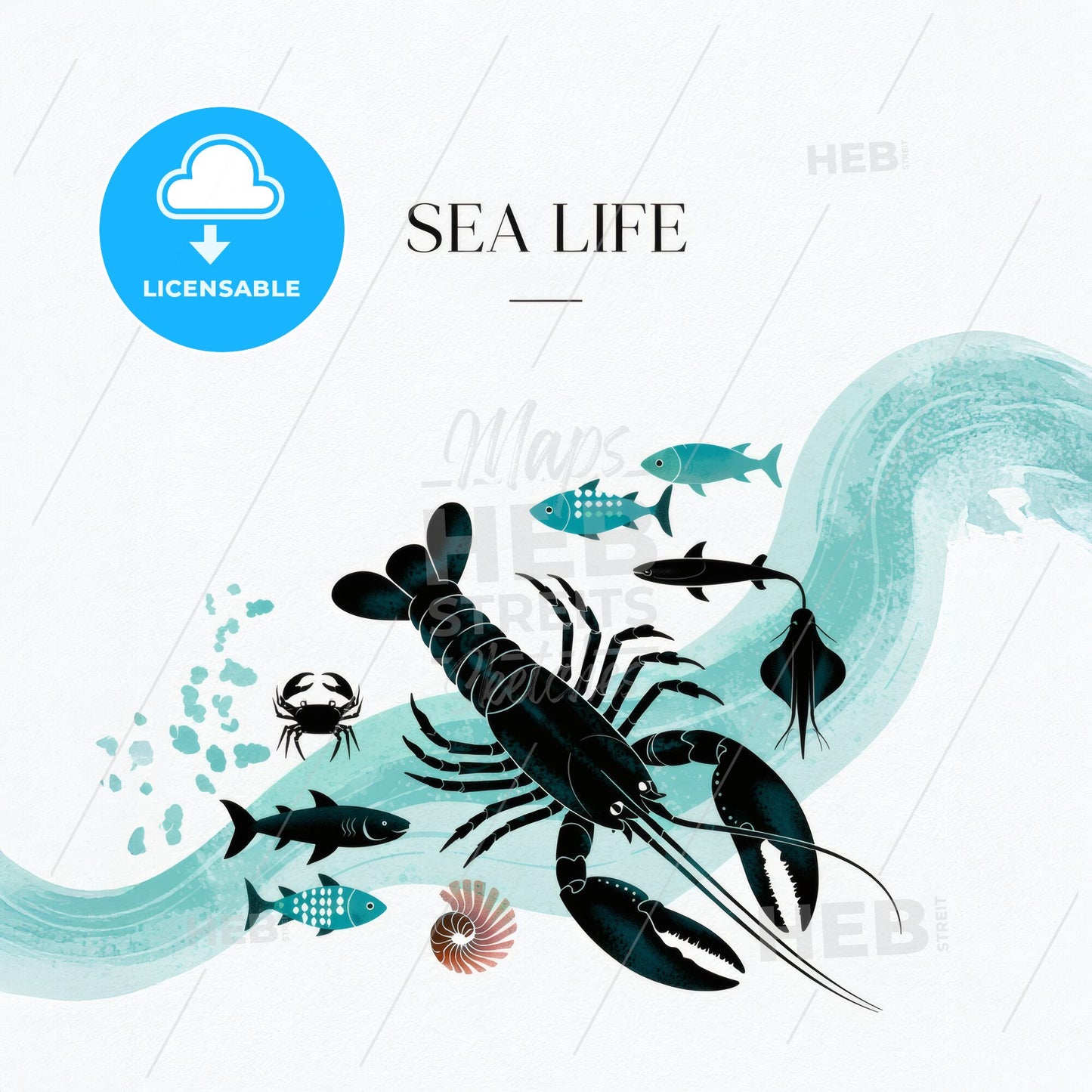 Stylized Sea Life: Modern Minimalist Illustration in Black & Turquoise Watercolor