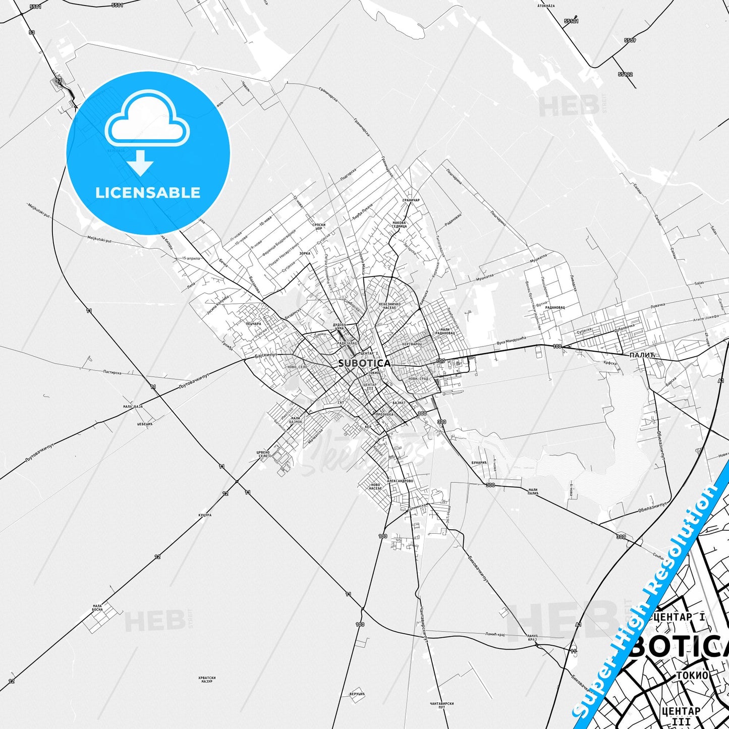 Subotica, Serbia light map with streetnames, citynames and districts