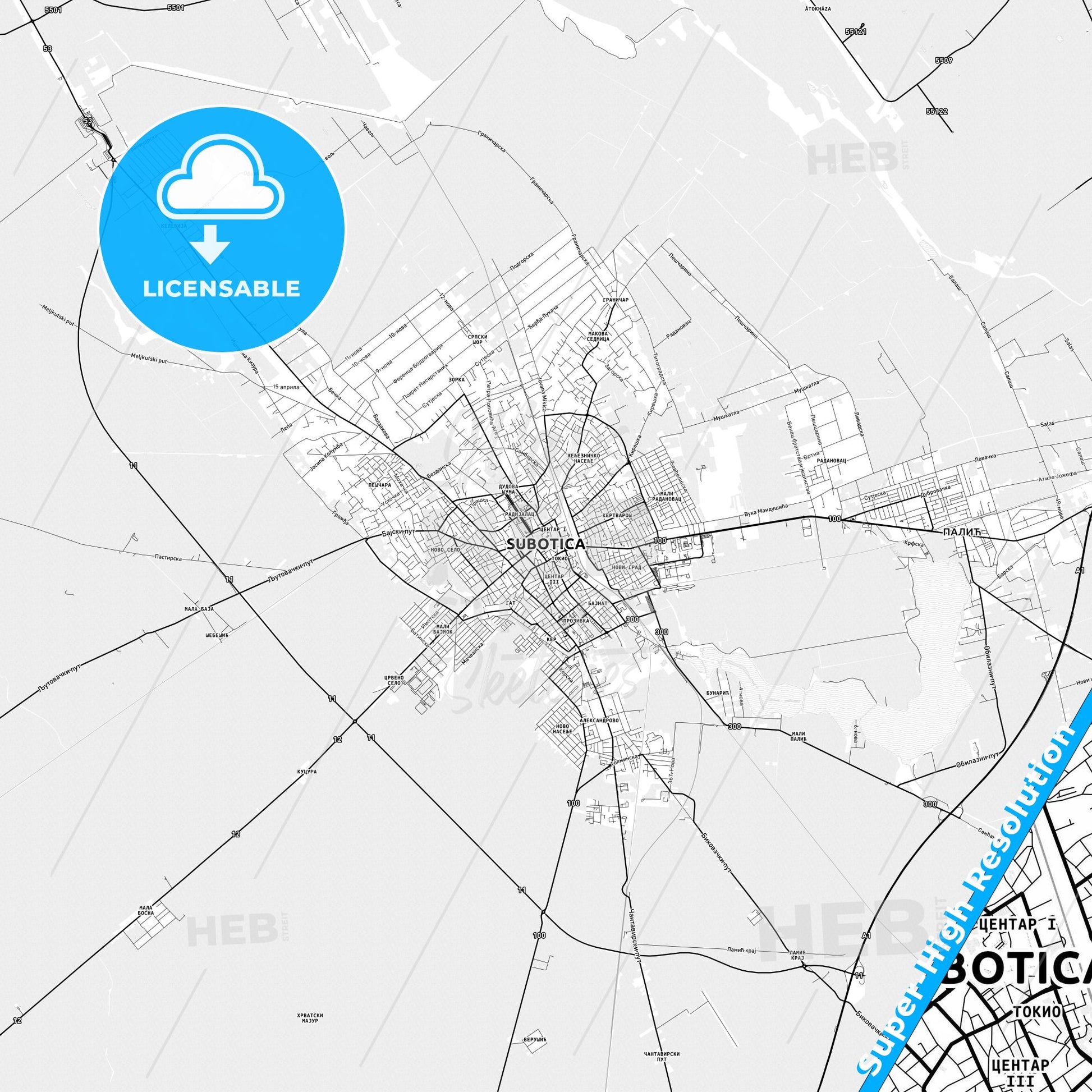 Subotica, Serbia light map with streetnames, citynames and districts