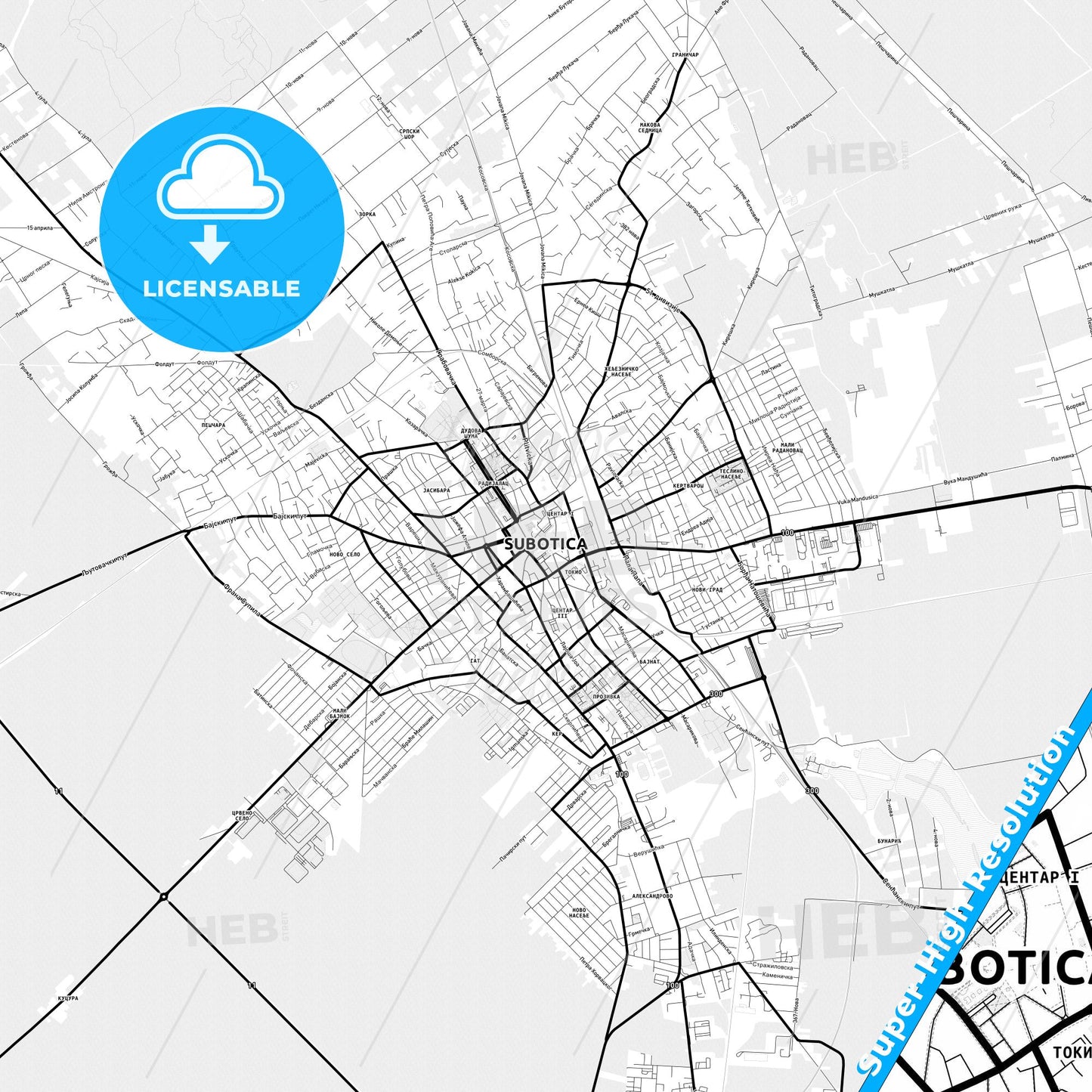 Subotica, Serbia Light Map with Street Names, City Names, and Districts