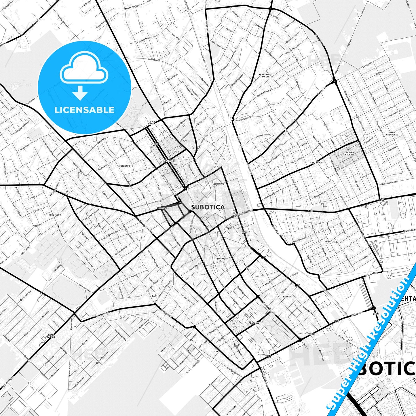 Subotica, Serbia Light Map with Street Names, City Names, and Districts