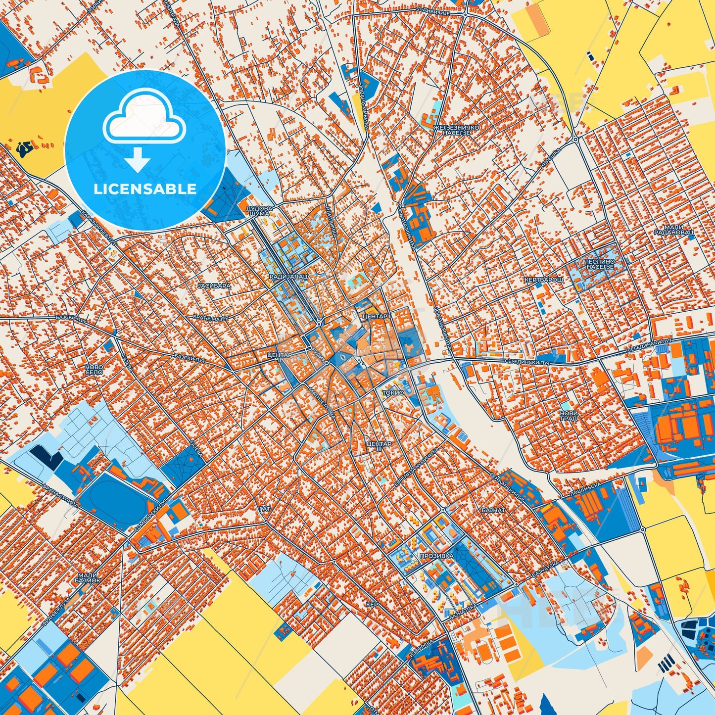Colorful Subotica Street Map with Labels and Buildings