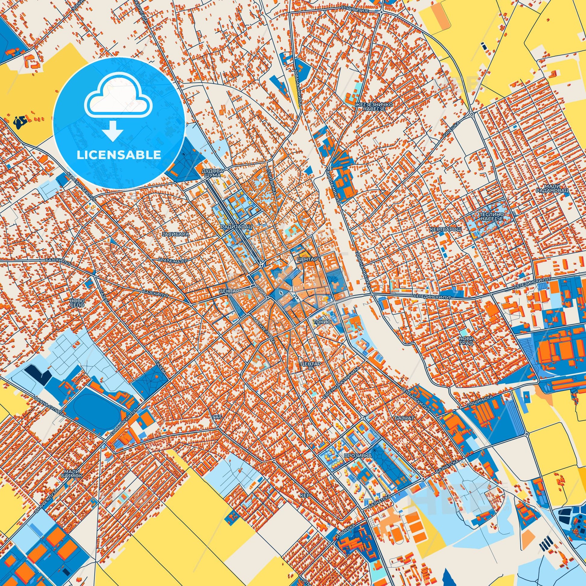 Colorful Subotica Street Map with Labels and Buildings