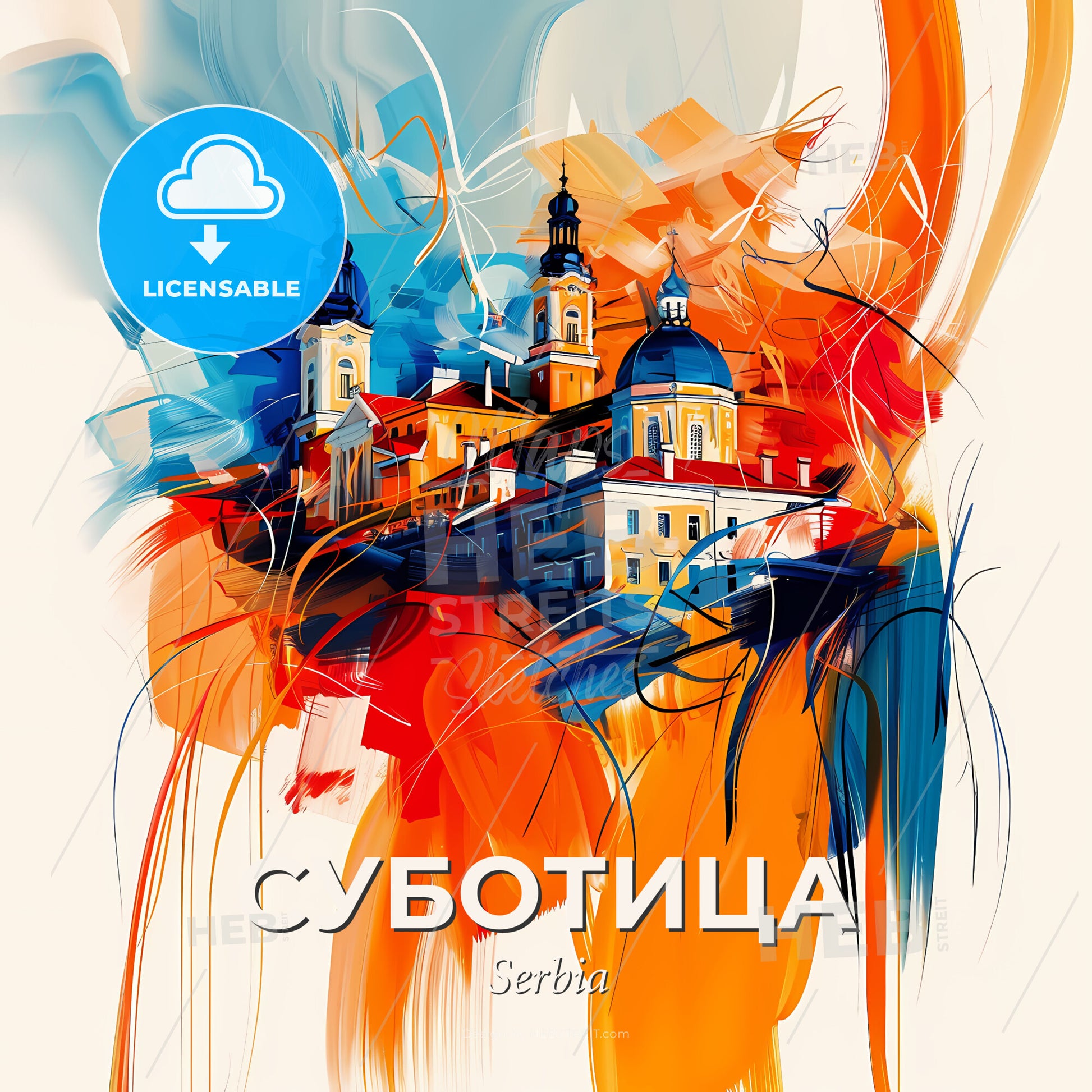 Vibrant Суботица, Serbia - A Painting Of A Building With Blue And Orange Paint - Square format print template