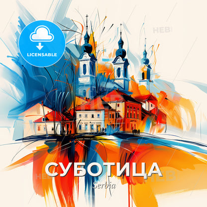 Vibrant Суботица, Serbia - A Painting Of A Building With Towers And A Colorful Background - Square format print template