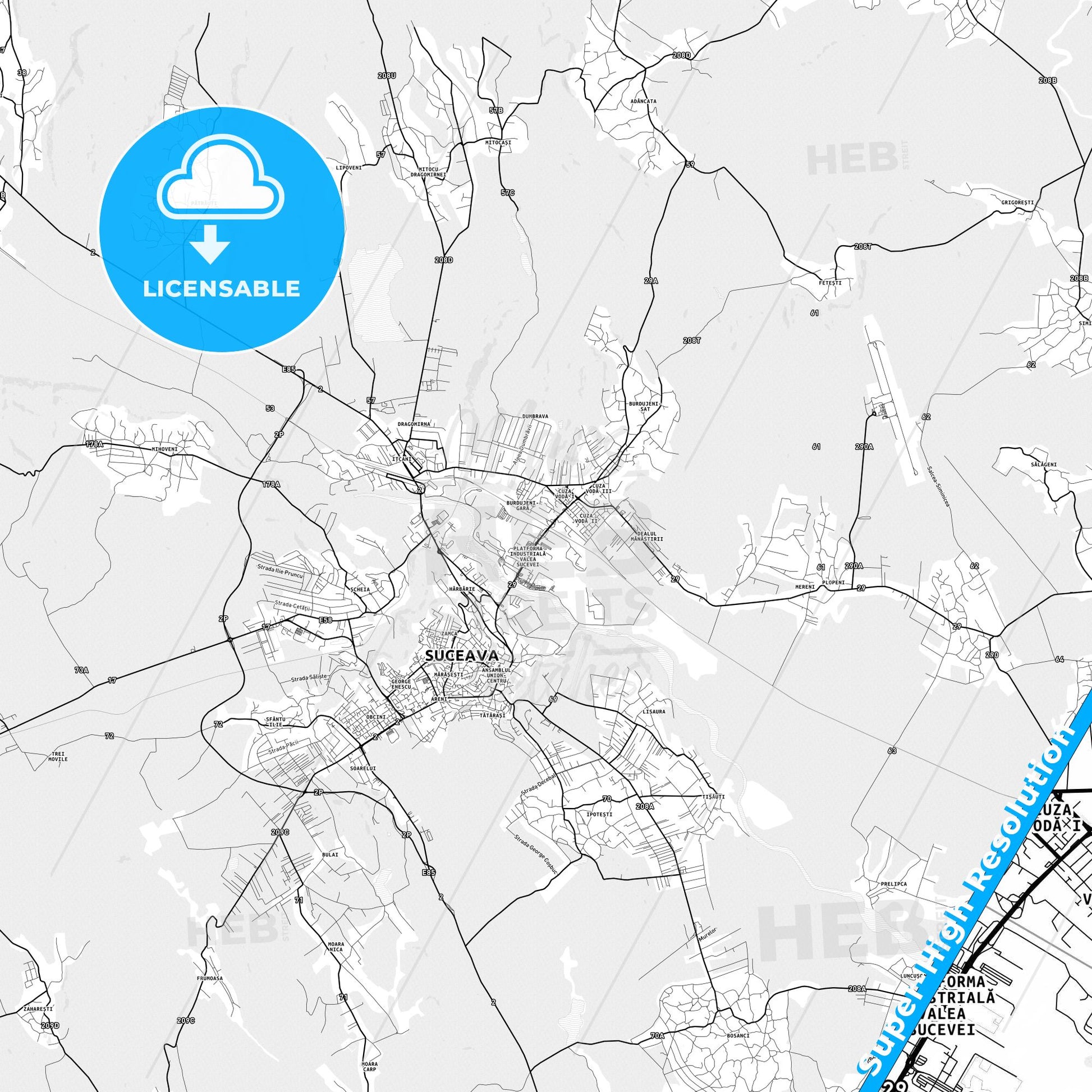 Suceava, Romania light map with streetnames, citynames and districts