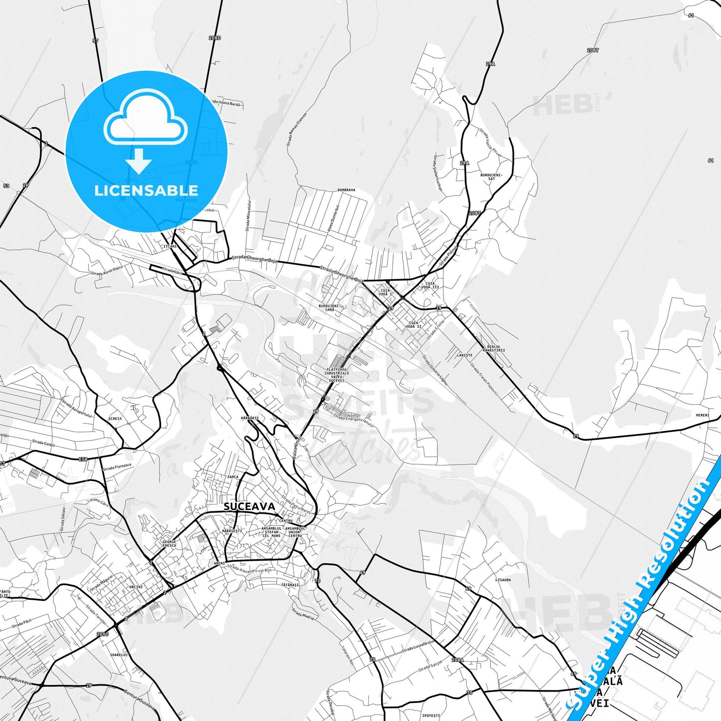 Suceava, Romania Light Map with Street Names, City Names, and Districts