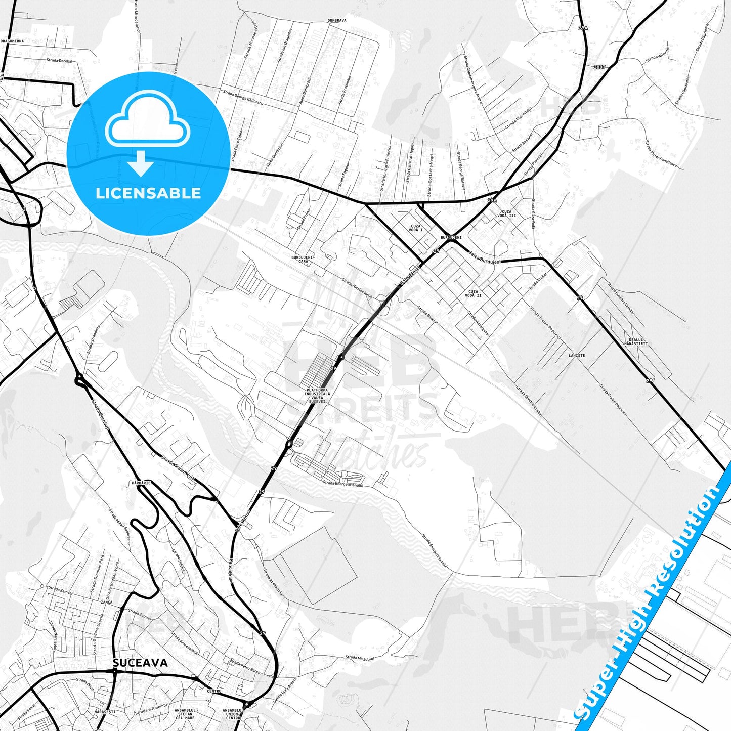 Suceava, Romania Light Map with Street Names, City Names, and Districts