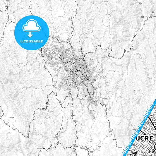 Sucre, Bolivia light map with streetnames, citynames and districts