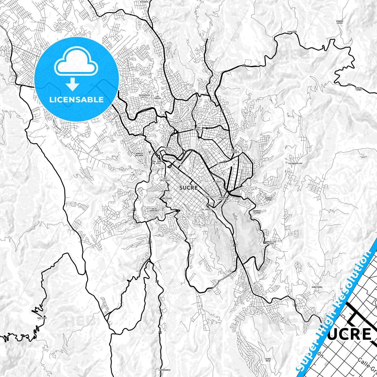Sucre, Bolivia Light Map with Street Names, City Names, and Districts