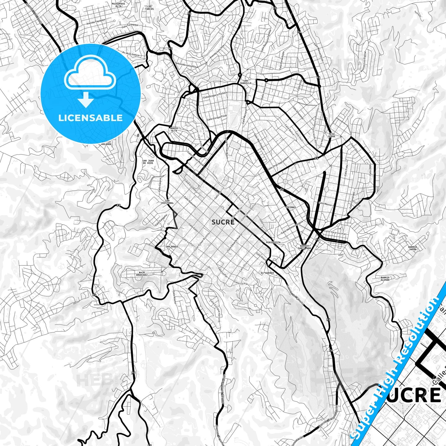 Sucre, Bolivia Light Map with Street Names, City Names, and Districts