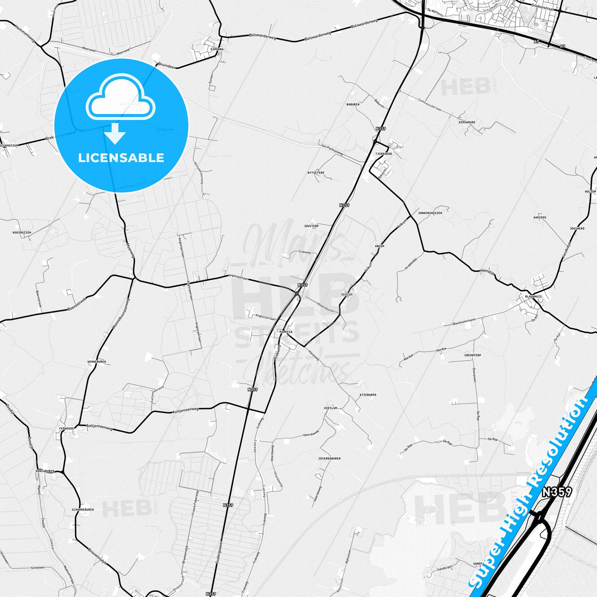 Súdwest-Fryslân, Netherlands Light Map with Street Names, City Names, and Districts
