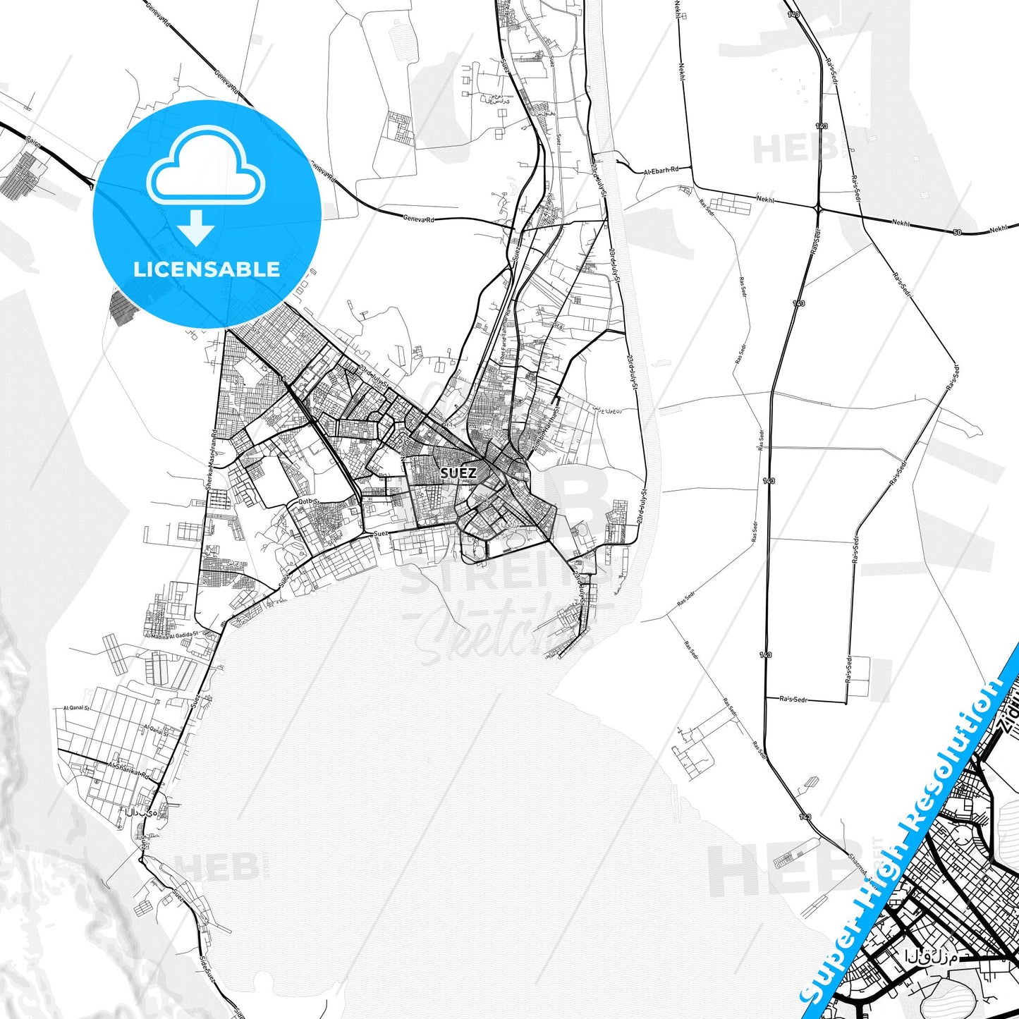 Suez, Egypt light map with streetnames, citynames and districts