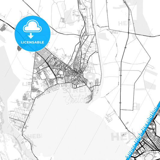 Suez, Egypt light map with streetnames, citynames and districts