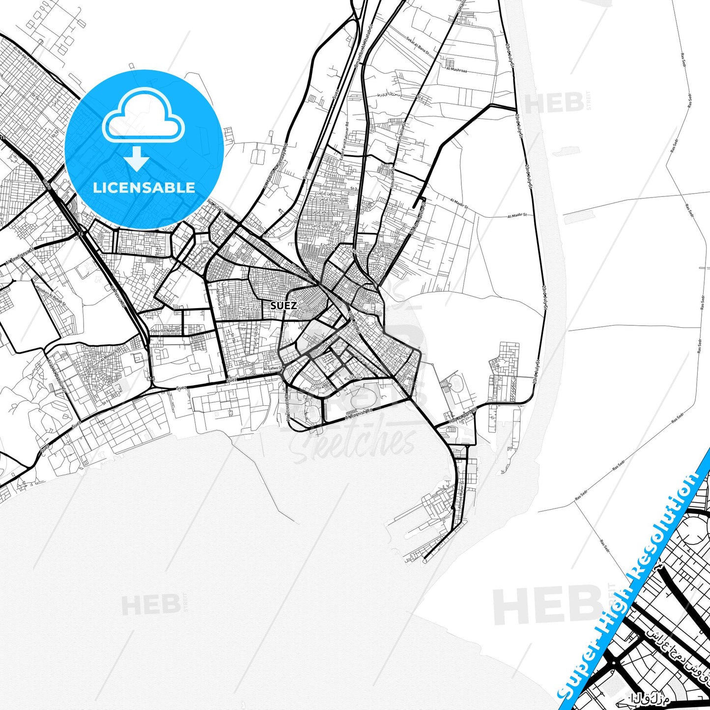 Suez, Egypt Light Map with Street Names, City Names, and Districts