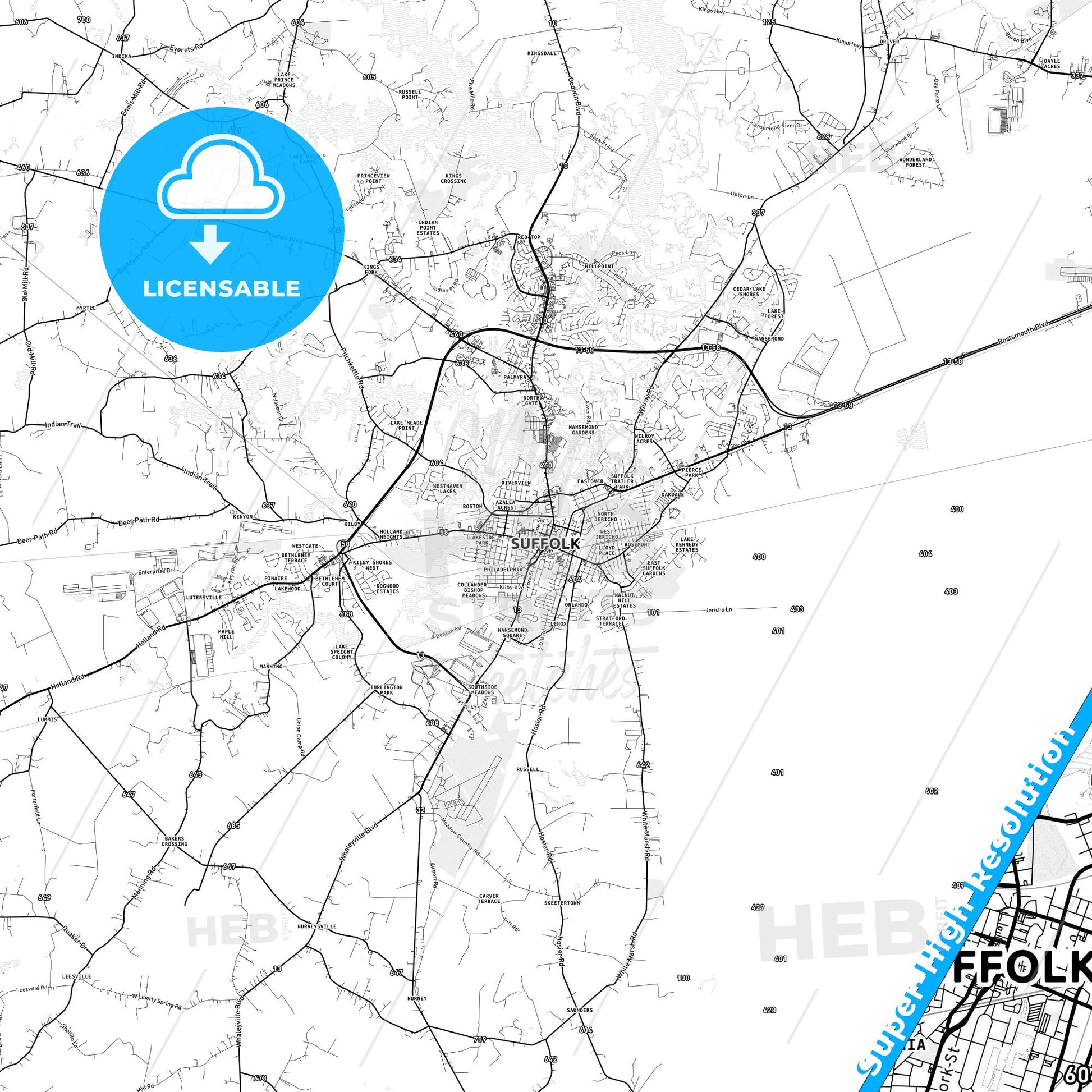 Suffolk, Virginia light map with streetnames, citynames and districts